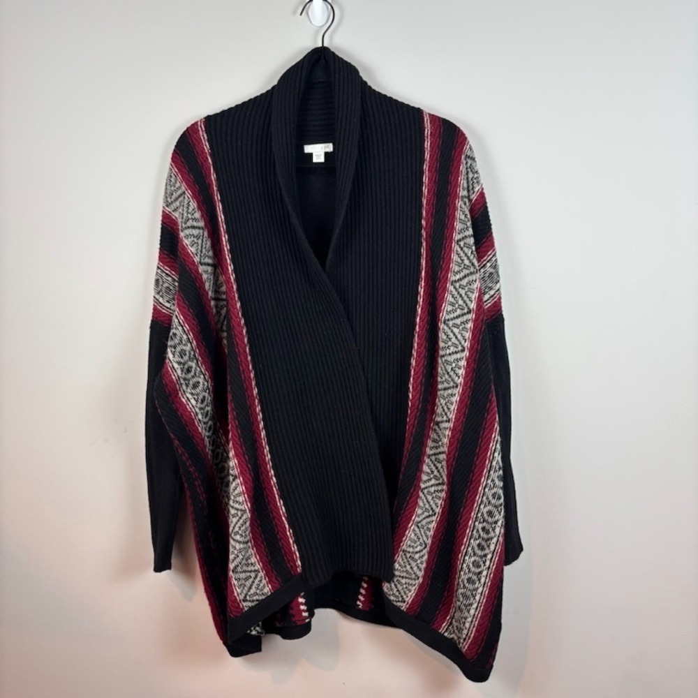 J.Jill Womens Wool Blend Open Front Red Black Kimono Sleeve Cardigan XS/S Boho